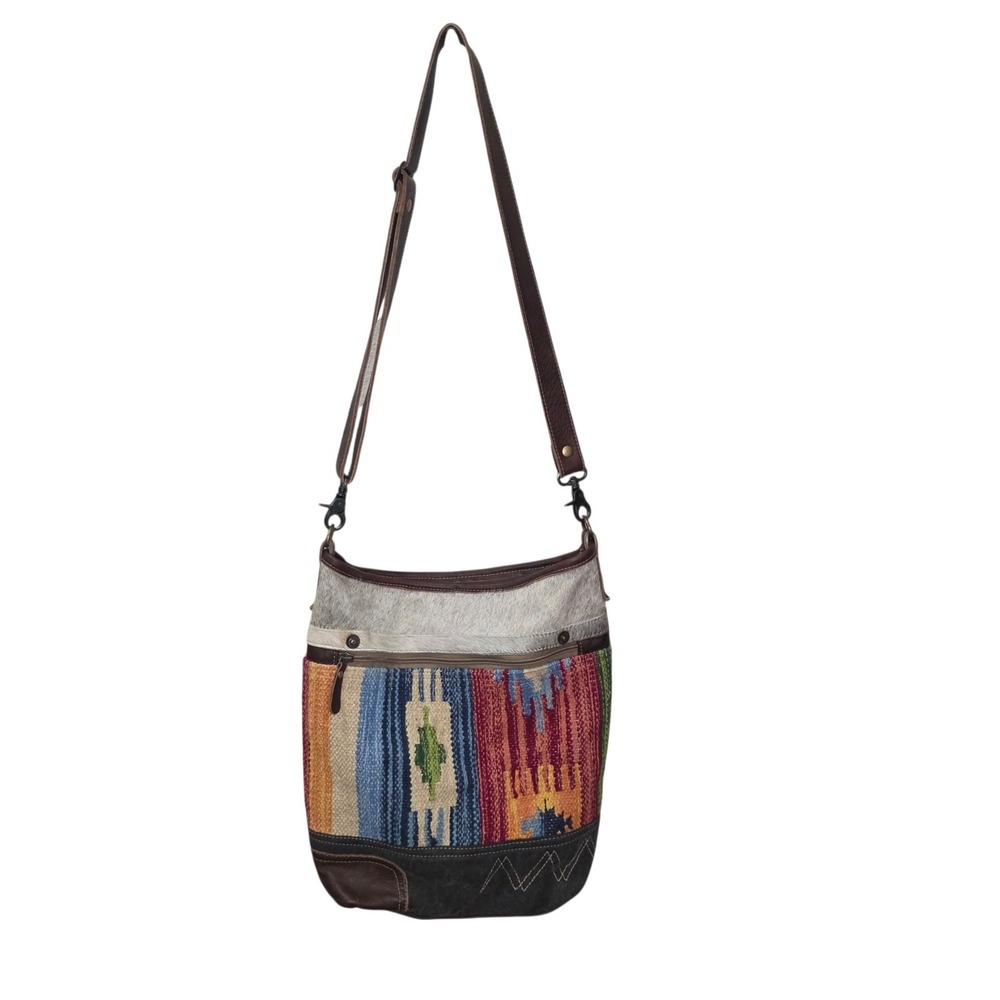 Myra Cowhide Crossbody Bag Leather Western Boho Aztec Tapestry  Hair On Hide